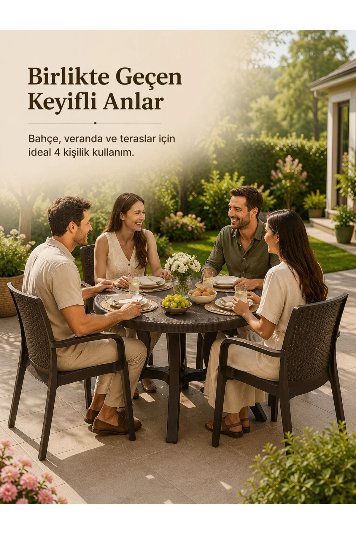 Rattan Bahçe & Balkon Masa Sandalye Seti | 80 CM Yuvarlak Masa + 4 Sandalye - Kahverengi 2
