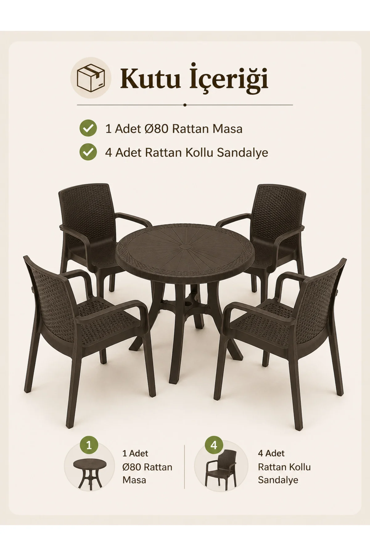 Rattan Bahçe & Balkon Masa Sandalye Seti | 80 CM Yuvarlak Masa + 4 Sandalye - Kahverengi 3