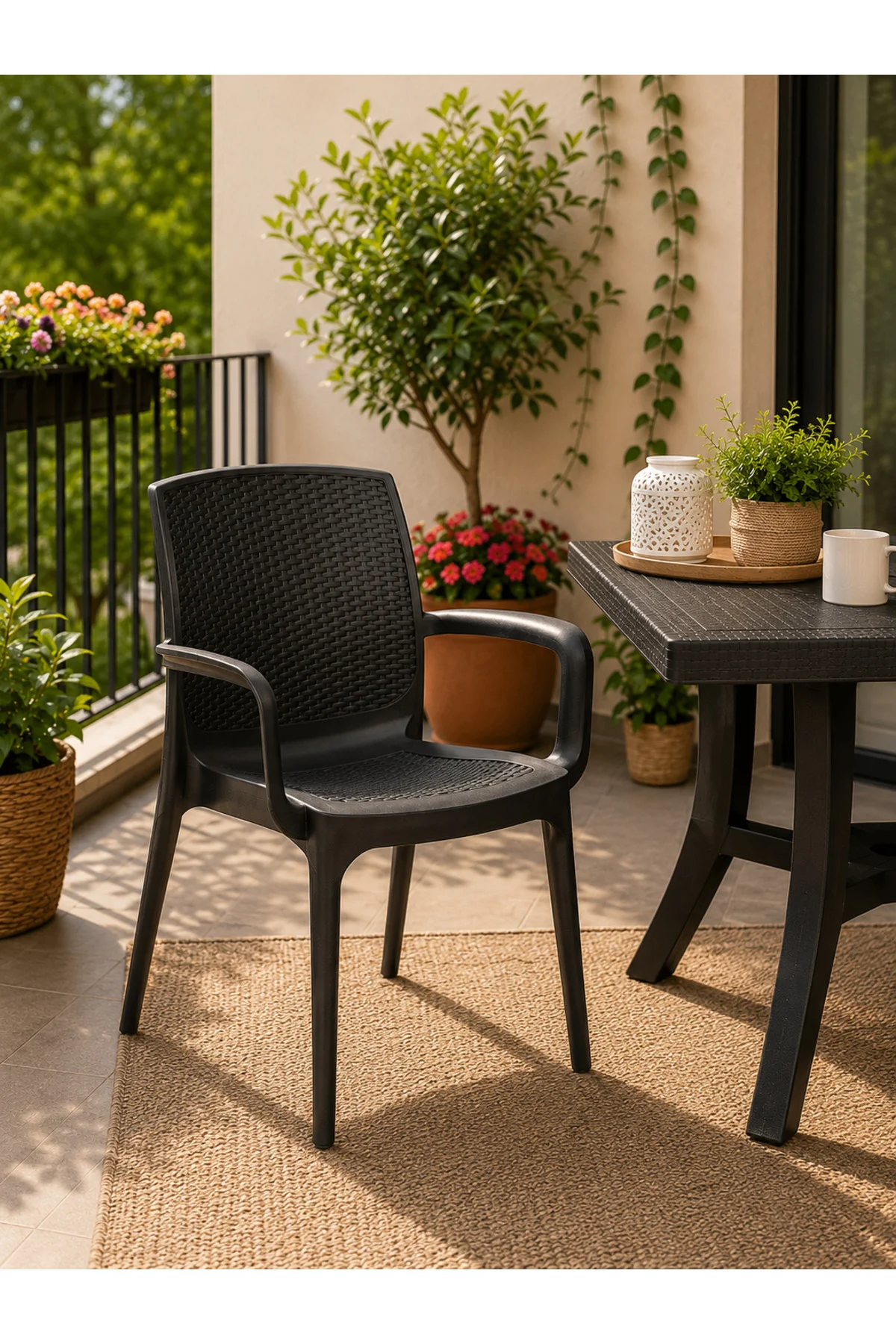 Premium Rattan Desenli, Dayanıklı, Kollu Bahçe & Balkon Sandalyesi (2 ADET) - Siyah