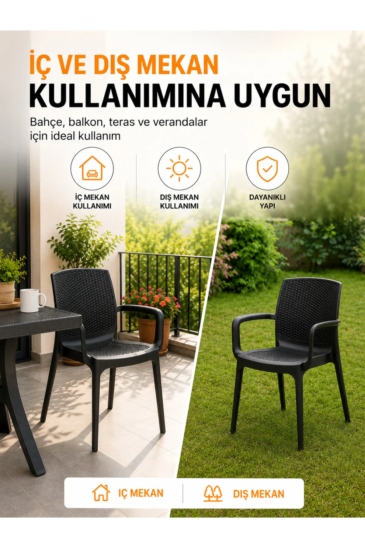 Premium Rattan Desenli, Dayanıklı, Kollu Bahçe & Balkon Sandalyesi (2 ADET) - Siyah 2
