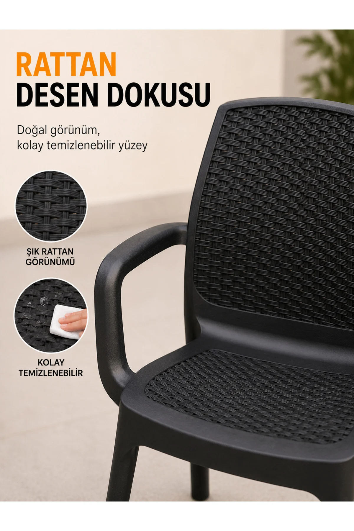 Premium Rattan Desenli, Dayanıklı, Kollu Bahçe & Balkon Sandalyesi (2 ADET) - Siyah 3