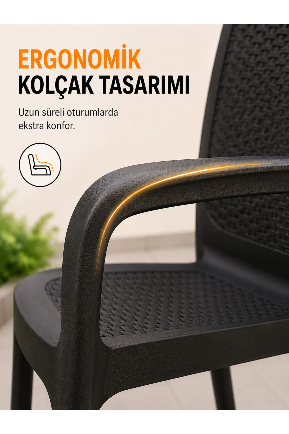 Premium Rattan Desenli, Dayanıklı, Kollu Bahçe & Balkon Sandalyesi (2 ADET) - Siyah 4