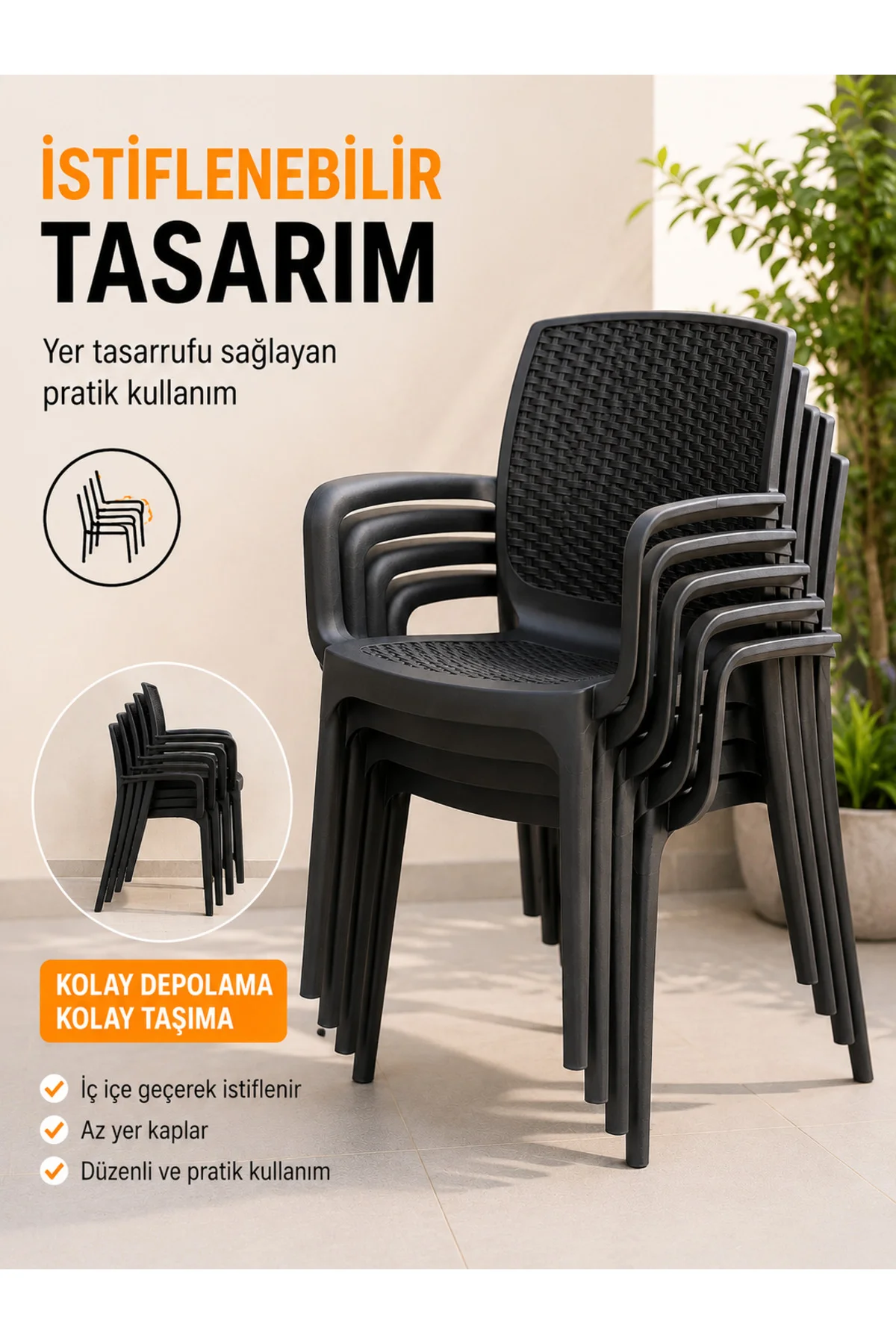 Premium Rattan Desenli, Dayanıklı, Kollu Bahçe & Balkon Sandalyesi (2 ADET) - Siyah 5