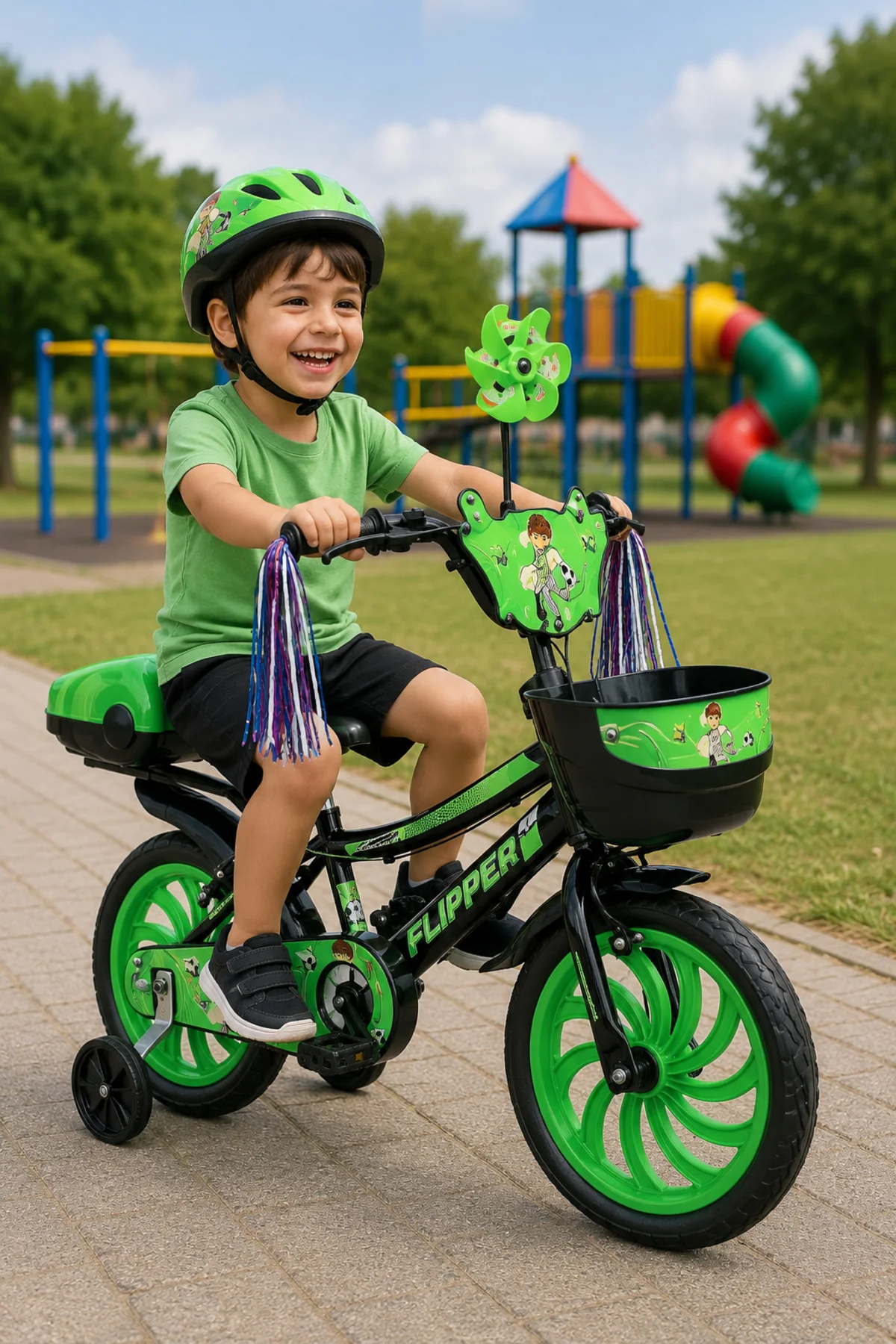 Twirl Green Çocuk Bisikleti – Destek Tekerli, Sepetli & Zilli | 3–6 Yaş - Yeşil