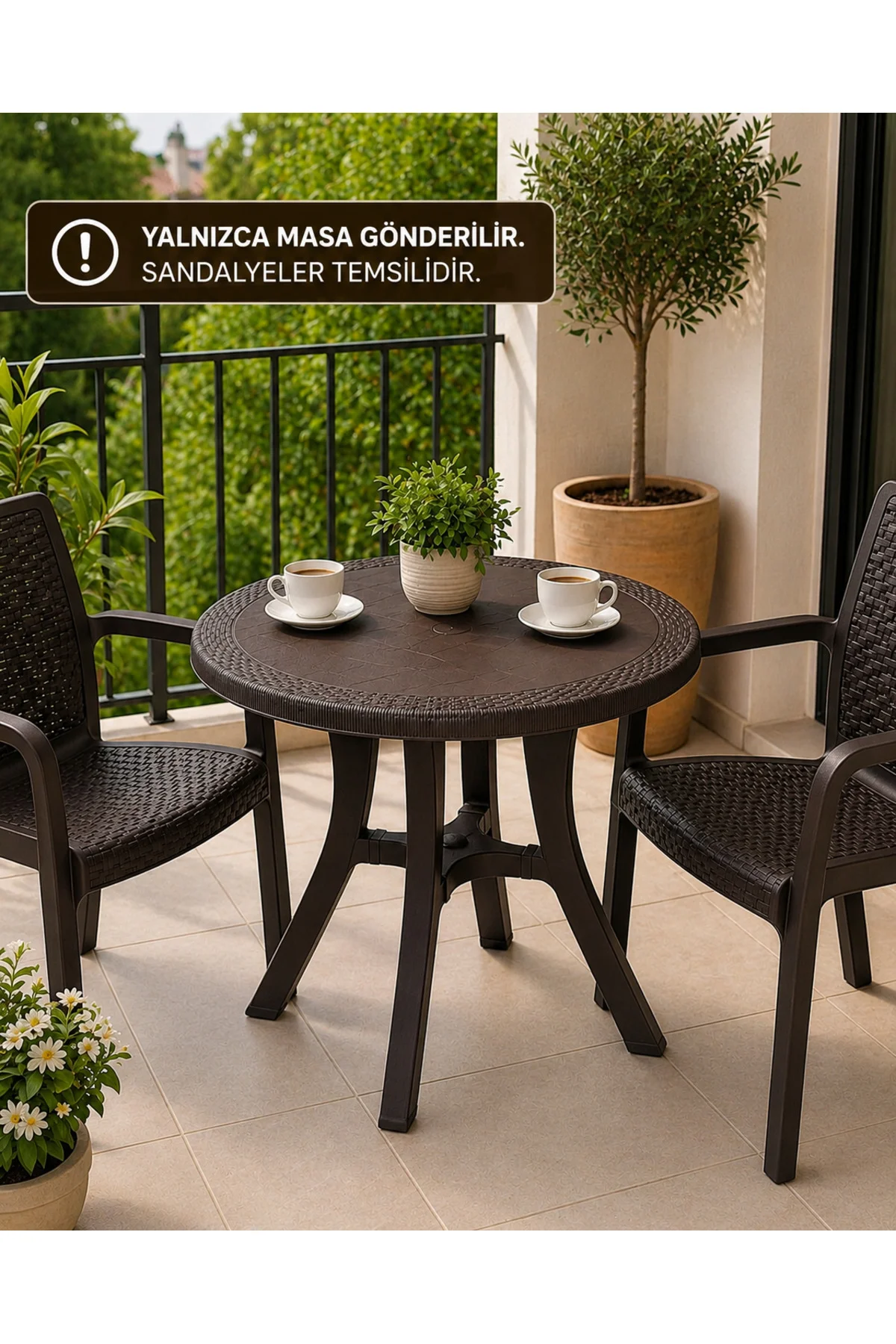 Rattan Desenli, Dayanıklı Yuvarlak Bahçe & Balkon Masası – 80 CM - Kahverengi