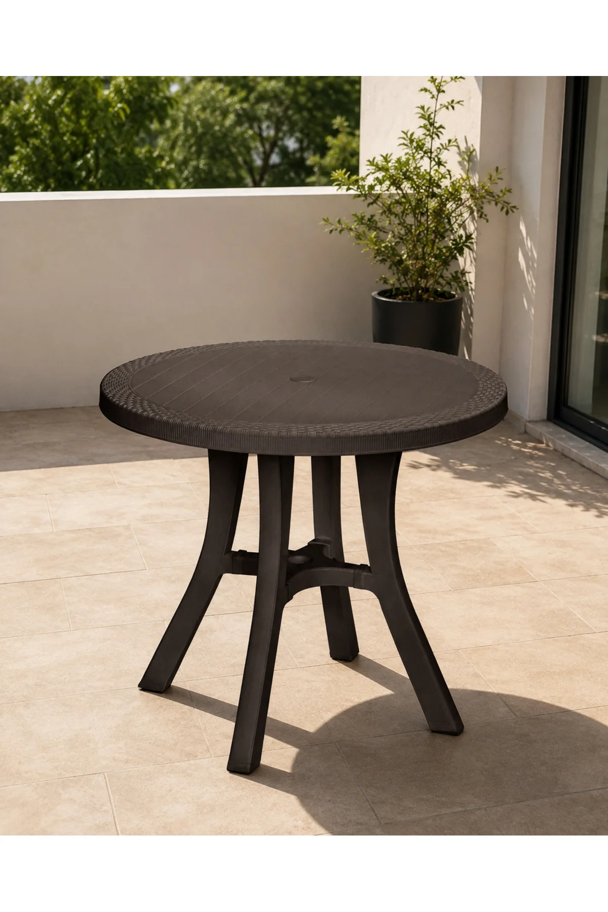 Rattan Desenli, Dayanıklı Yuvarlak Bahçe & Balkon Masası – 80 CM - Kahverengi 2