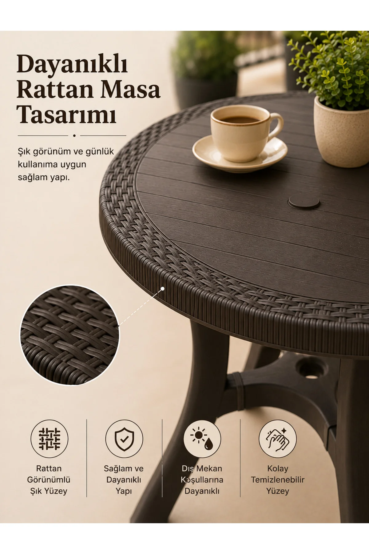 Rattan Desenli, Dayanıklı Yuvarlak Bahçe & Balkon Masası – 80 CM - Kahverengi 3