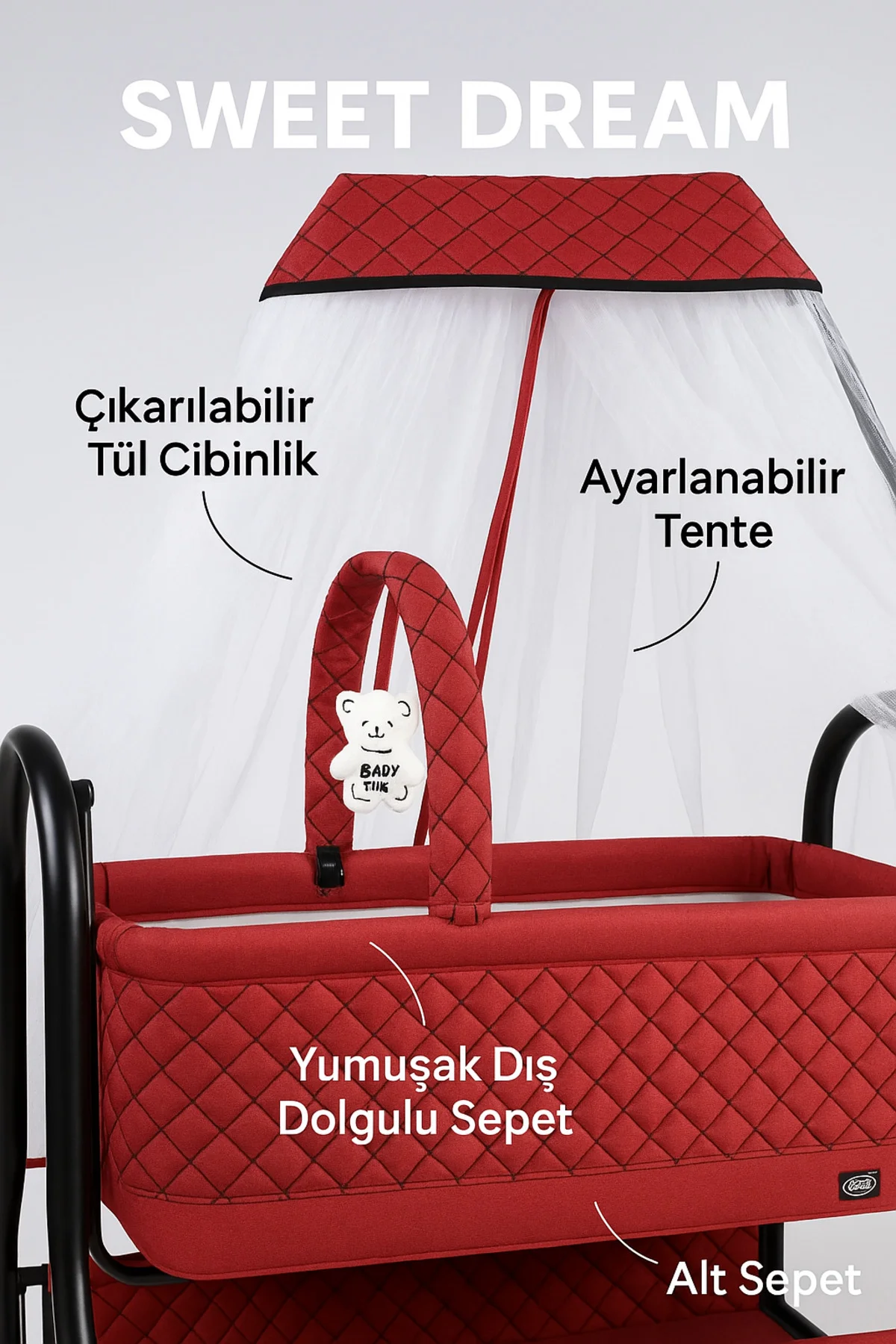 Diamond Sallanabilir Oyuncaklı Bebek Beşiği Alüminyum Gövde Beşik - Bordo 3