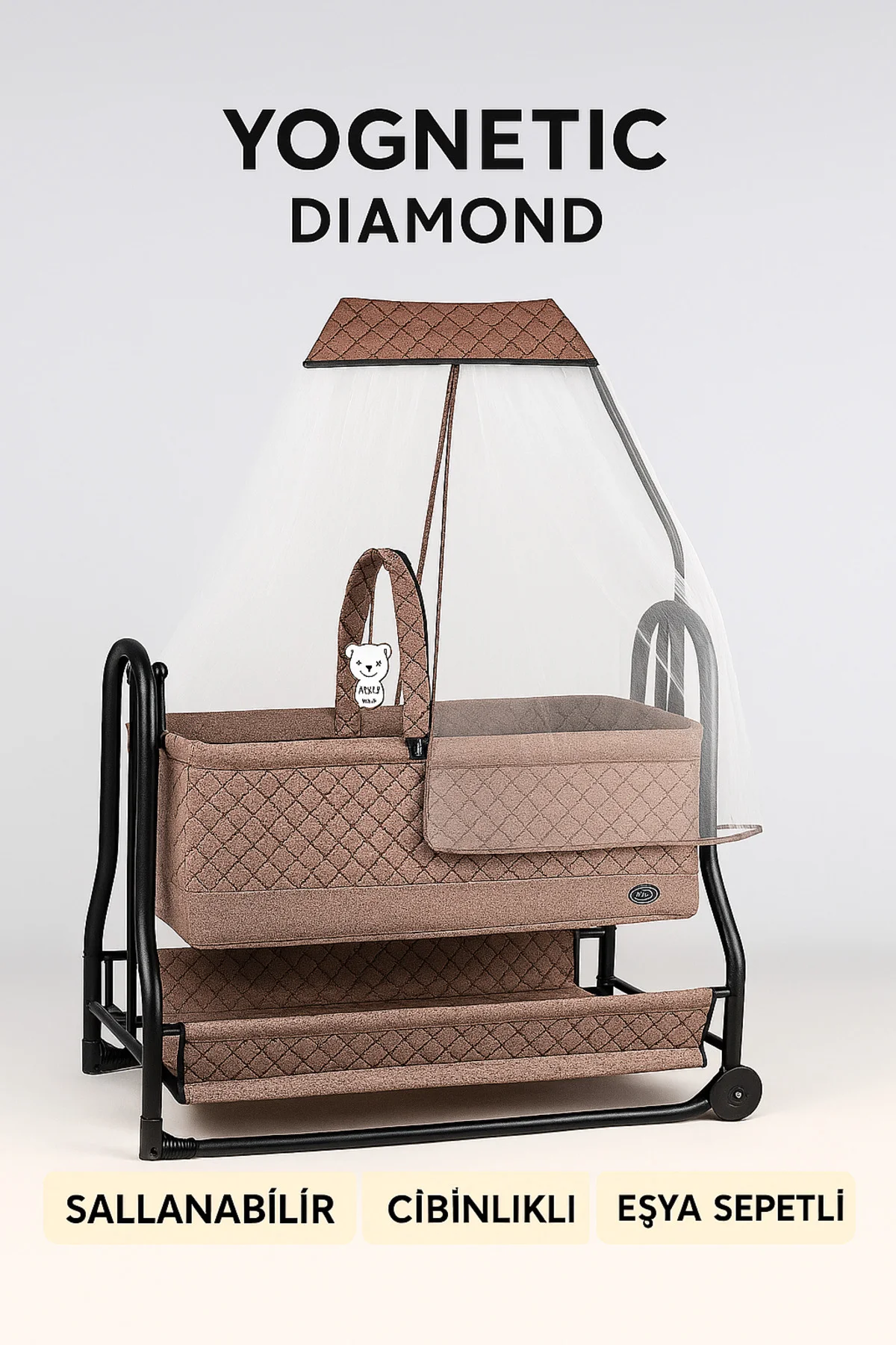 Diamond Sallanabilir Oyuncaklı Bebek Beşiği Alüminyum Gövde Beşik - Bej