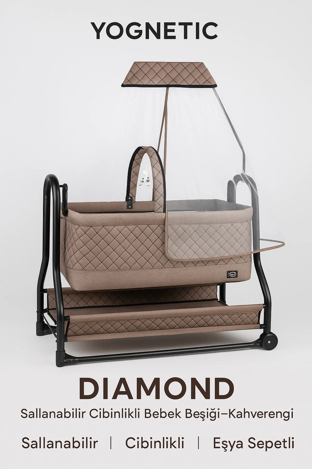 Diamond Sallanabilir Oyuncaklı Bebek Beşiği Alüminyum Gövde Beşik - Bej 2