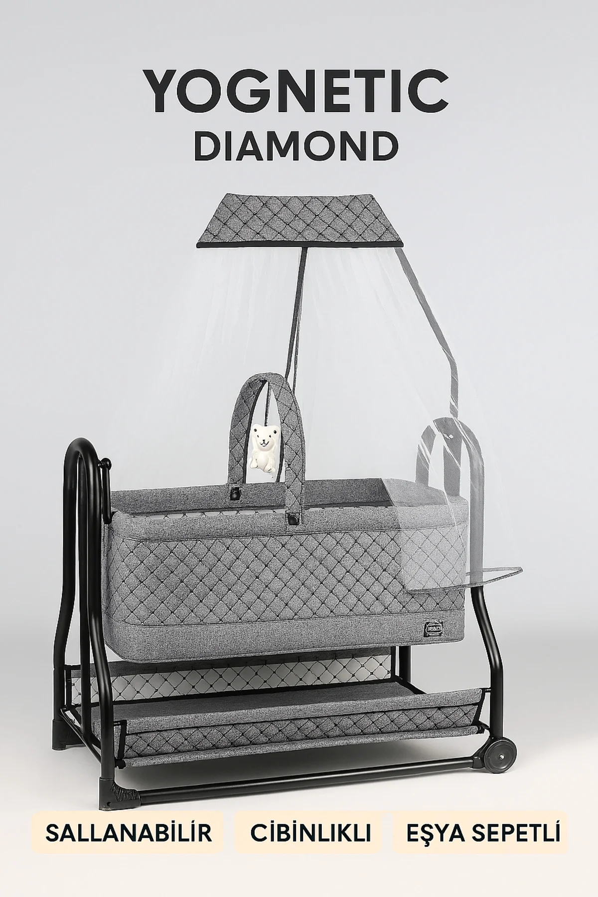 Diamond Sallanabilir Oyuncaklı Bebek Beşiği Alüminyum Gövde Beşik - Gri