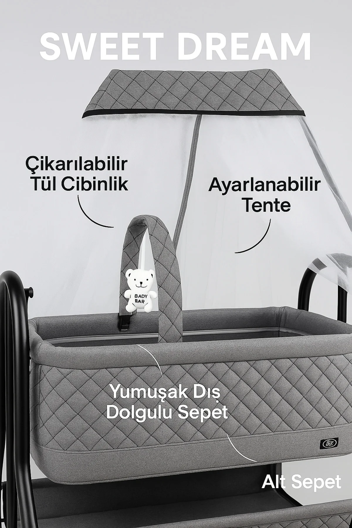 Diamond Sallanabilir Oyuncaklı Bebek Beşiği Alüminyum Gövde Beşik - Gri 3