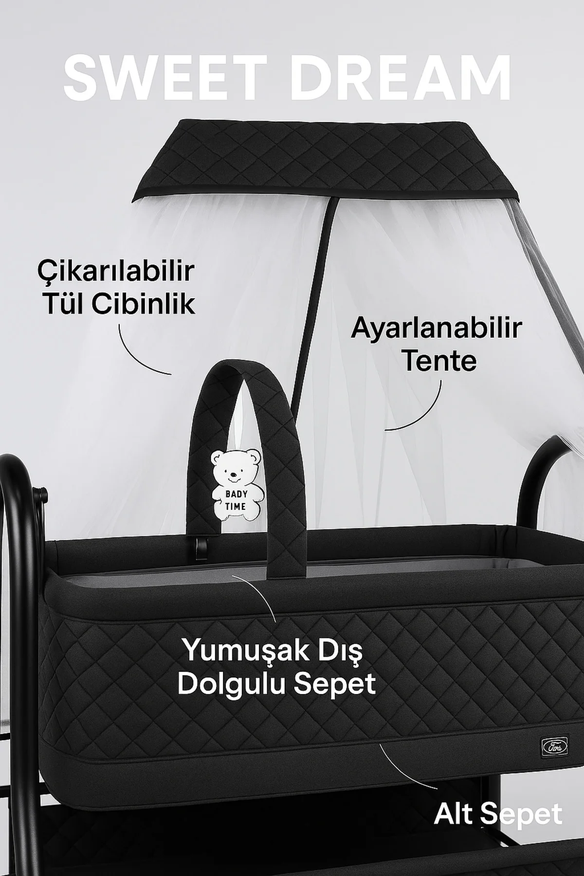Diamond Sallanabilir Oyuncaklı Bebek Beşiği Alüminyum Gövde Beşik - Antrasit 3